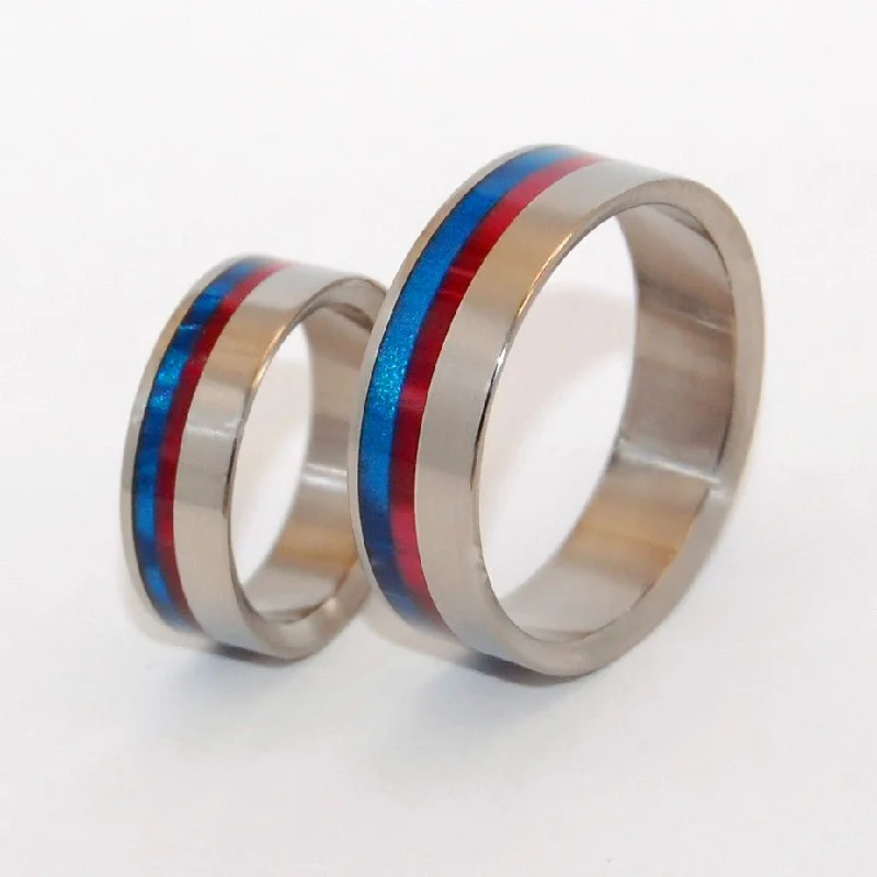 Rings featuring lapis lazuli for bold blue glow -Act Of Freedom | Blue & Red Resin Wedding Ring Set