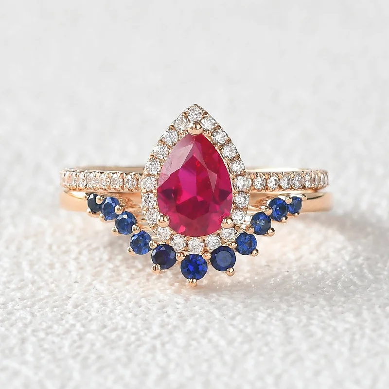 Rings inspired by flora with gemstone flower details -Art-Deco Pear Shaped Ruby Halo Ring Set 2pcs