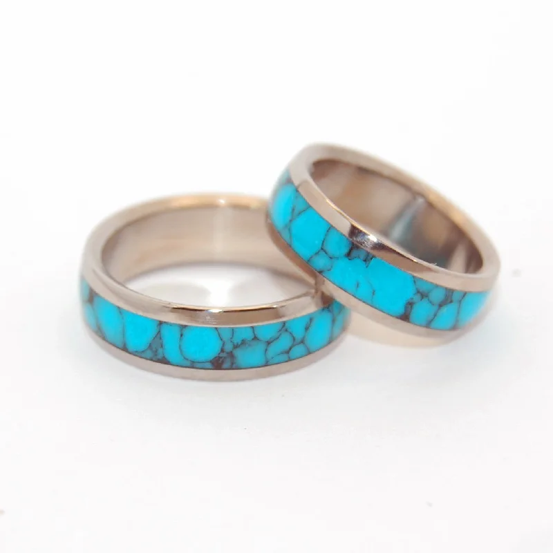 Dainty rings ideal for delicate finger embellishments -Atlantis | Turquoise Stone & Titanium - Unique Wedding Ring - Wedding Ring Set