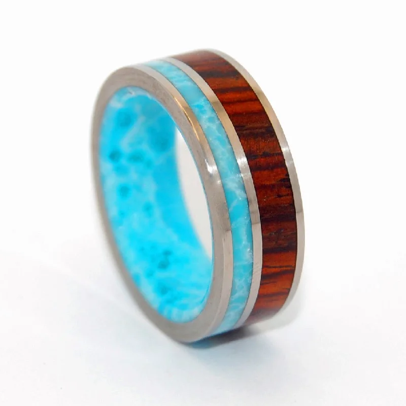 Sleek rings with floating stones for modern flair -Dominican Canopy | Men's Larimar Stone, Wood & Titanium Wedding Ring