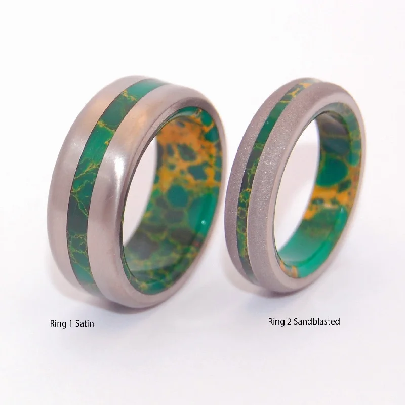 Rings featuring malachite for green swirling finger beauty -Bird Of Paradise Satin | Egyptian Jade & Titanium Men's & Women's Wedding Ring Set