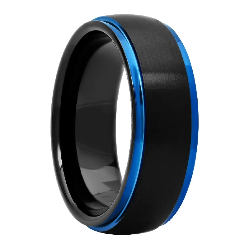 Vintage rings featuring timeless gemstone band designs -Black Matte Finish Blue Ip Step Edge Tungsten Fashion Band, 8mm