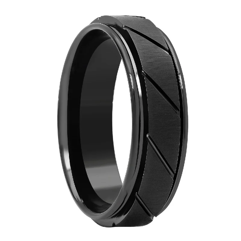 Rings perfect for layering with slim finger bands -Black Matte Finish Tungsten Slant Groove Wedding Band, 7mm