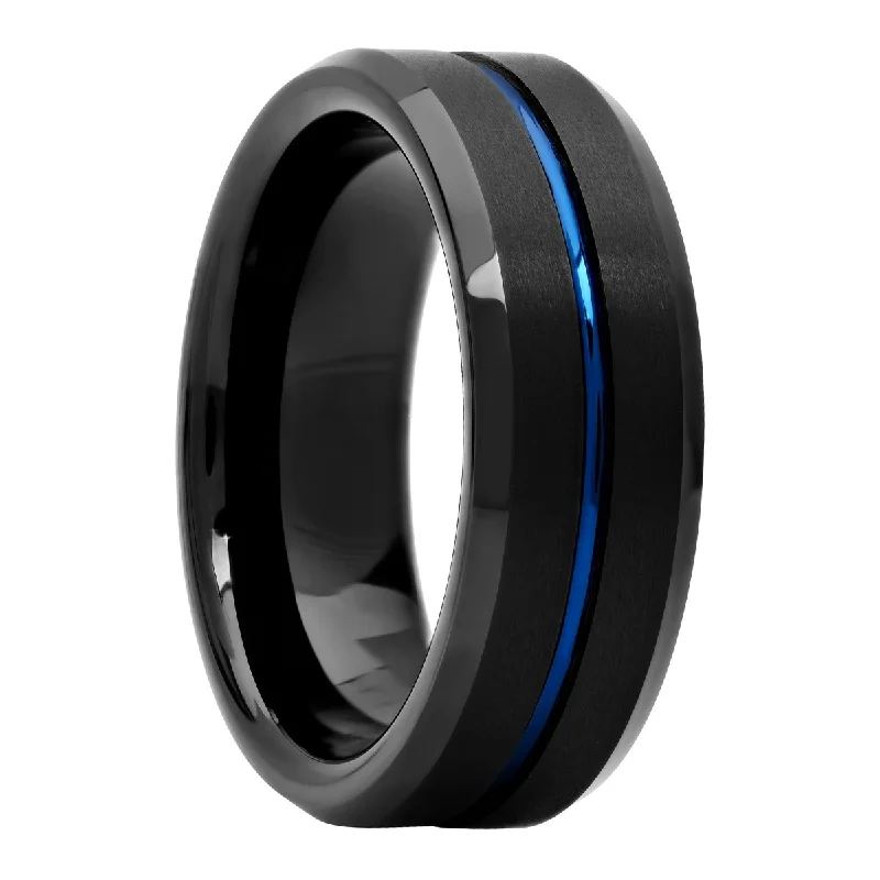 Secure rings with set stones for lasting wear -Black Matte Finish  Tungsten  Blue Center Grooved Fashion Band, 8mm