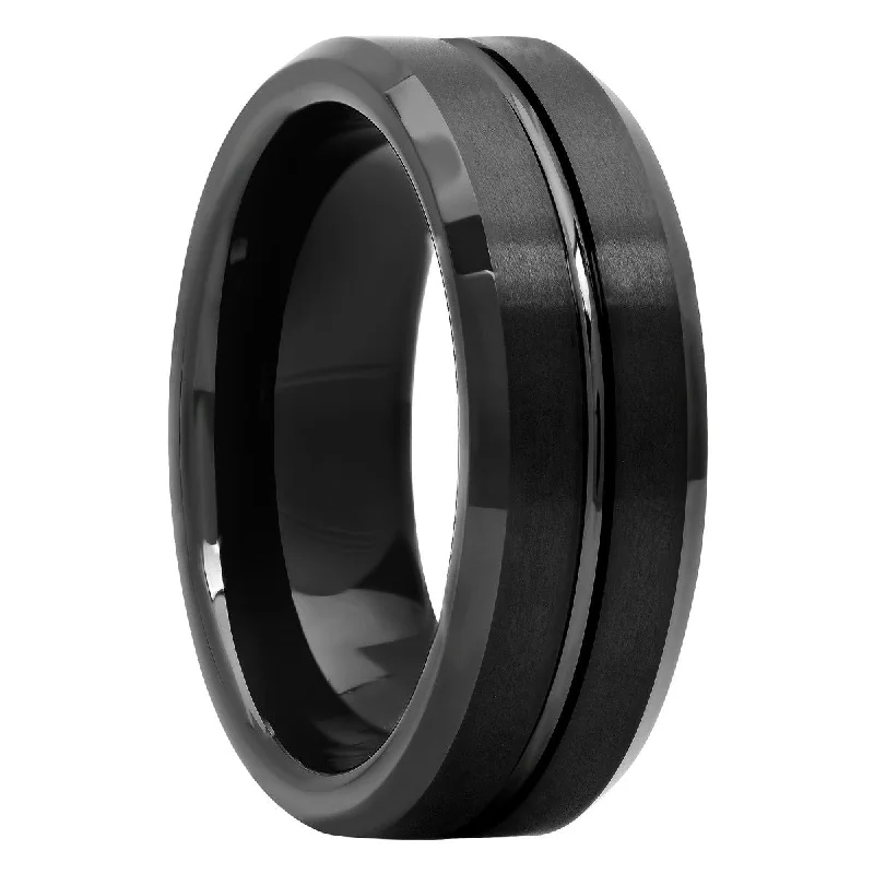 Vibrant rings with mixed gemstones for finger fun -Black Matte Finish Tungsten Center Groove Wedding Band, 8mm