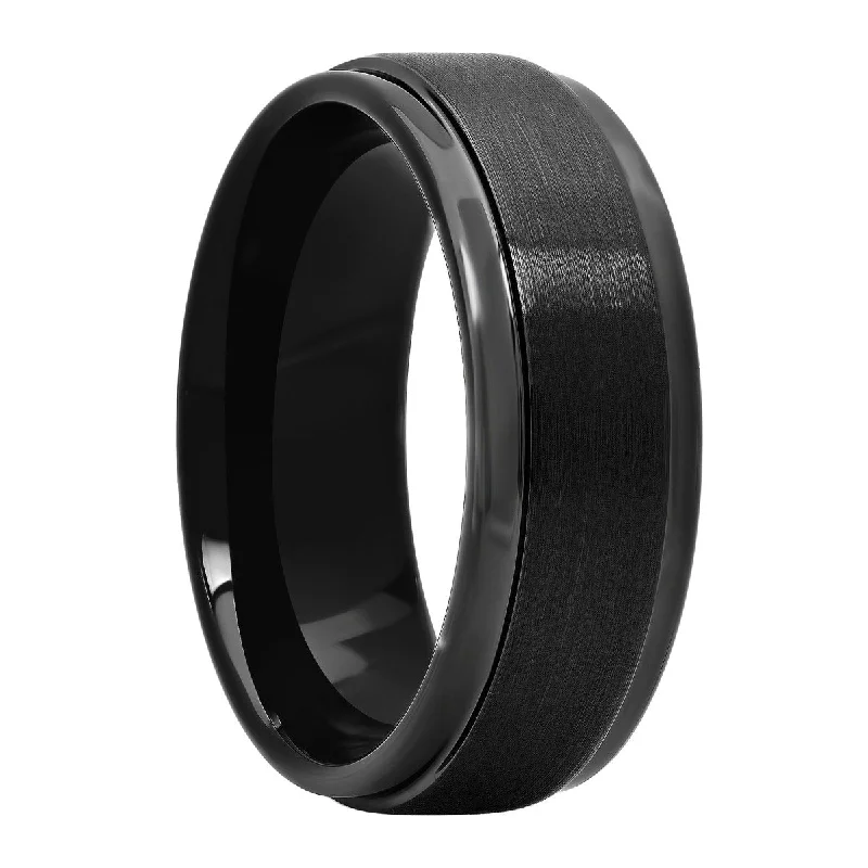 Tribal rings with ethnic stone finger patterns -Black Satin Finish Tungsten Step Edge Wedding Band, 8mm