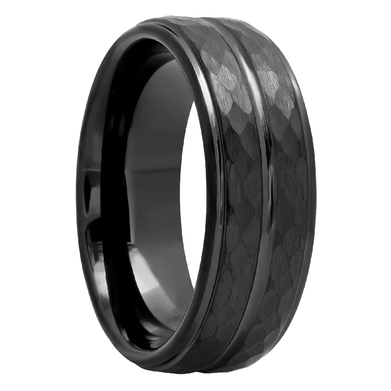 Gold rings adding bright shine to your fingers -Black Tantalum Groove Center Band, 8mm