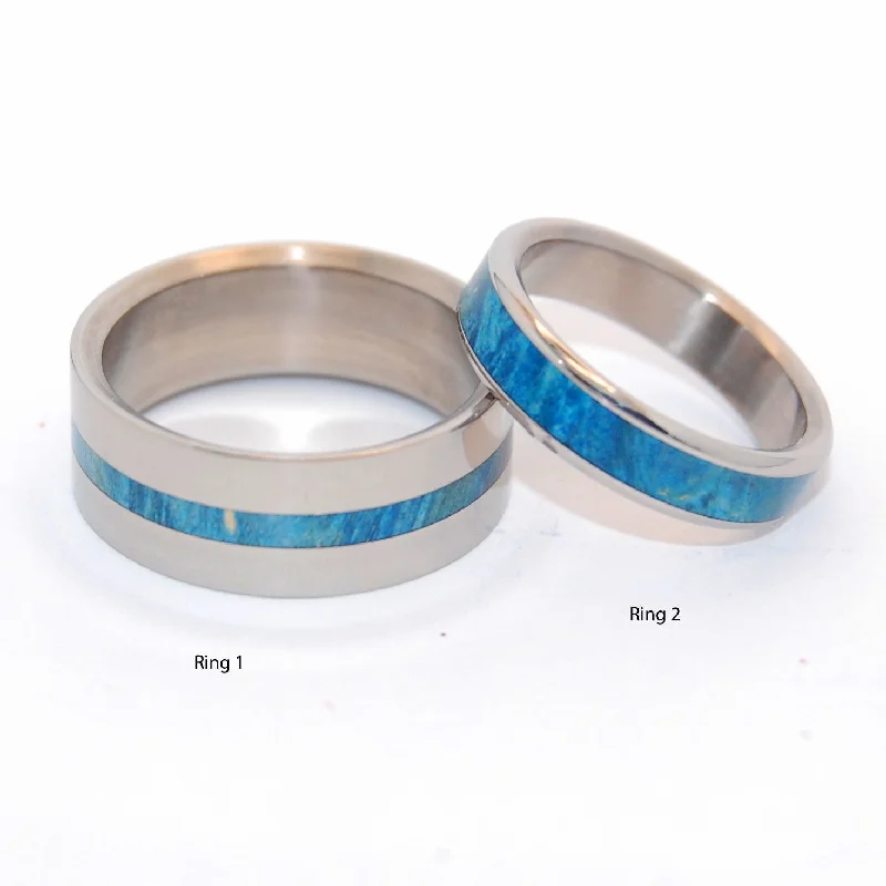 Rings featuring jade for serene green finger charm -Blue Lightning Two Hearts | Blue Box Elder Wood - Wooden & Titanium Wedding Ring