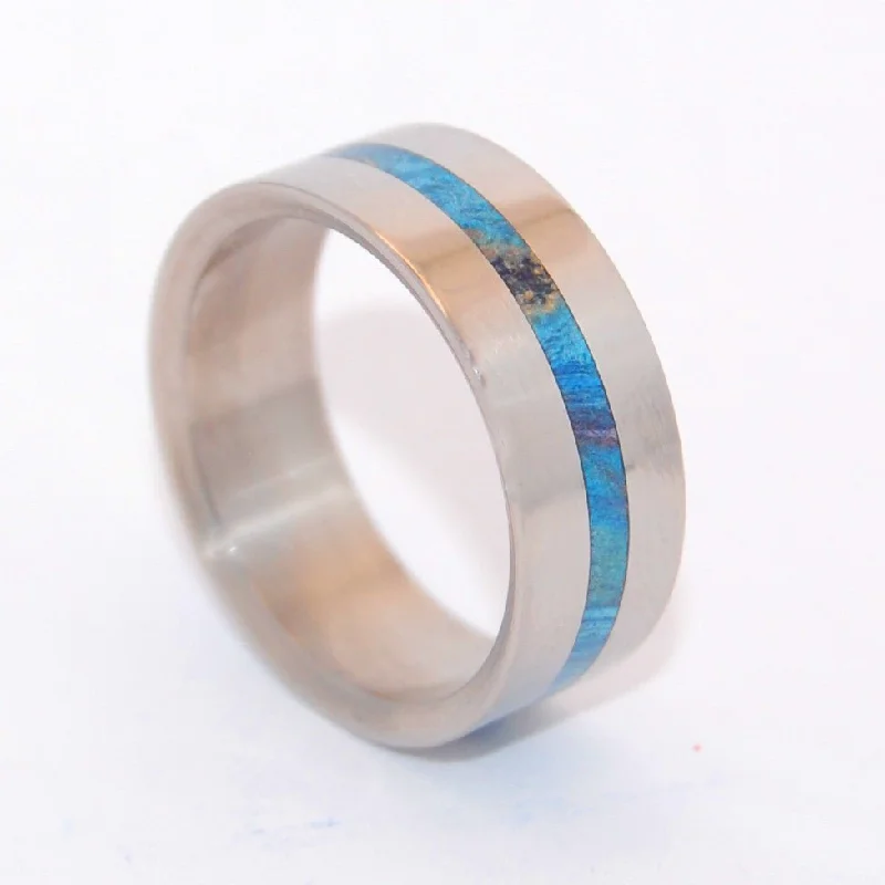 Brushed rings with textured finishes for finger grit -Blue Lightning | Men's Blue Box Elder Wood & Titanium Wedding Ring