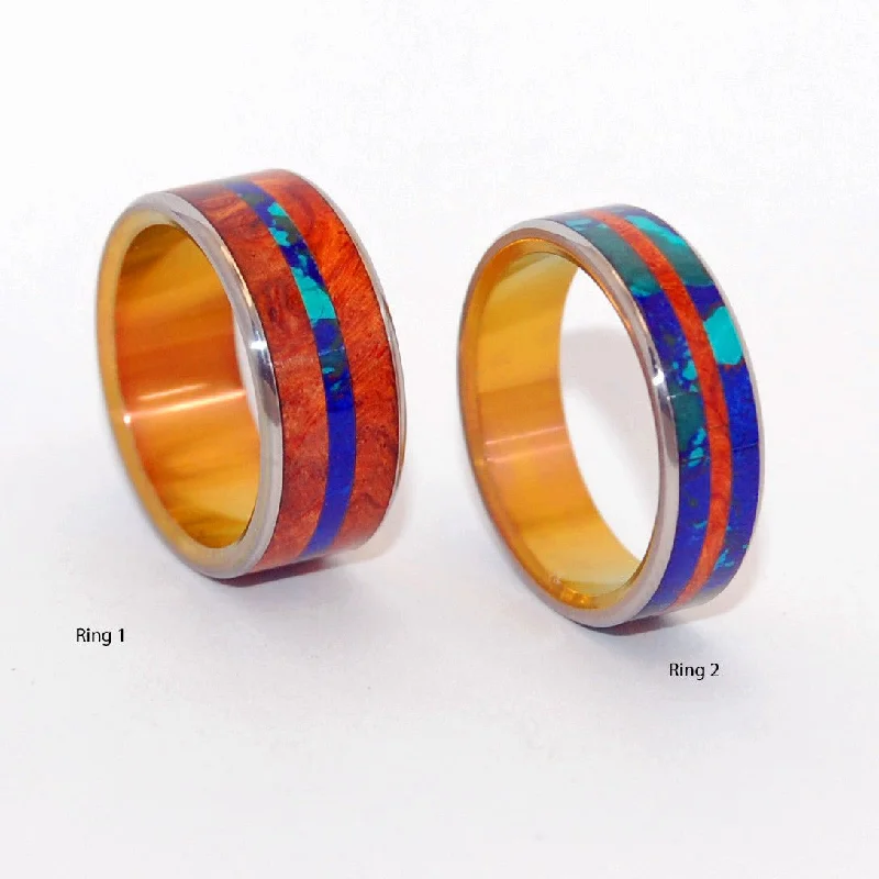 Silver rings offering budget sparkle for every finger -Bridge Between Amboyna Sea | Amboyna Burl Wood & Azurite Malachite Stone - Unique Wedding Ring Set