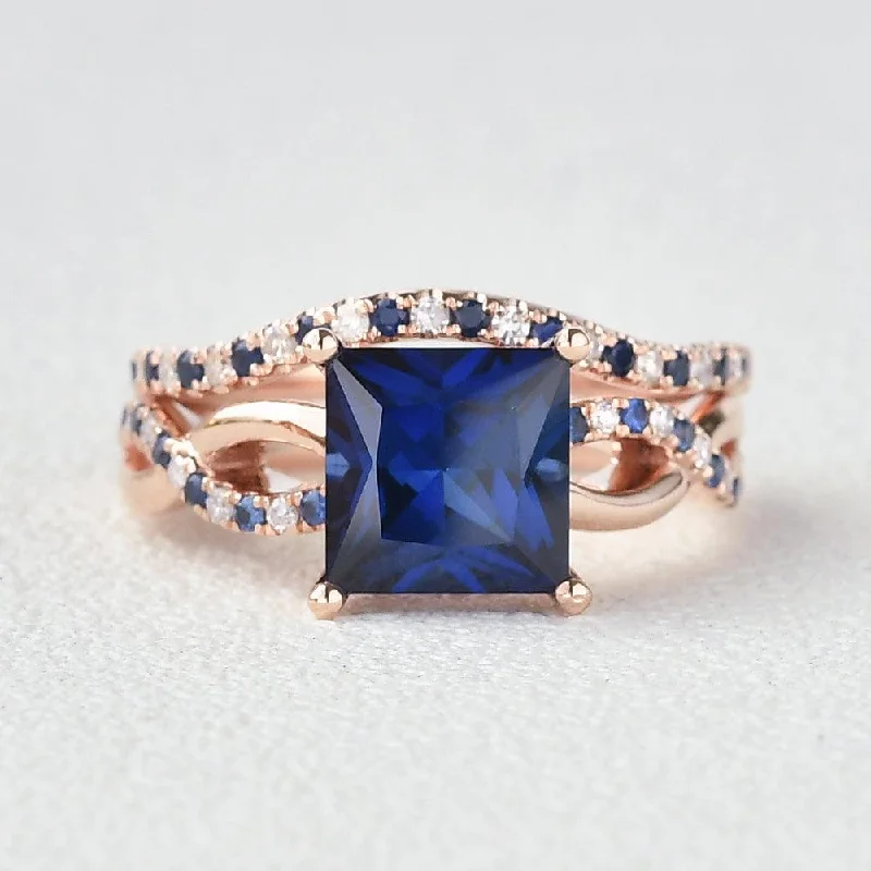 Rings featuring sunstone for warm gemstone shine -Blue Sapphire & Moissanite Retro Style Ring Set 2pcs