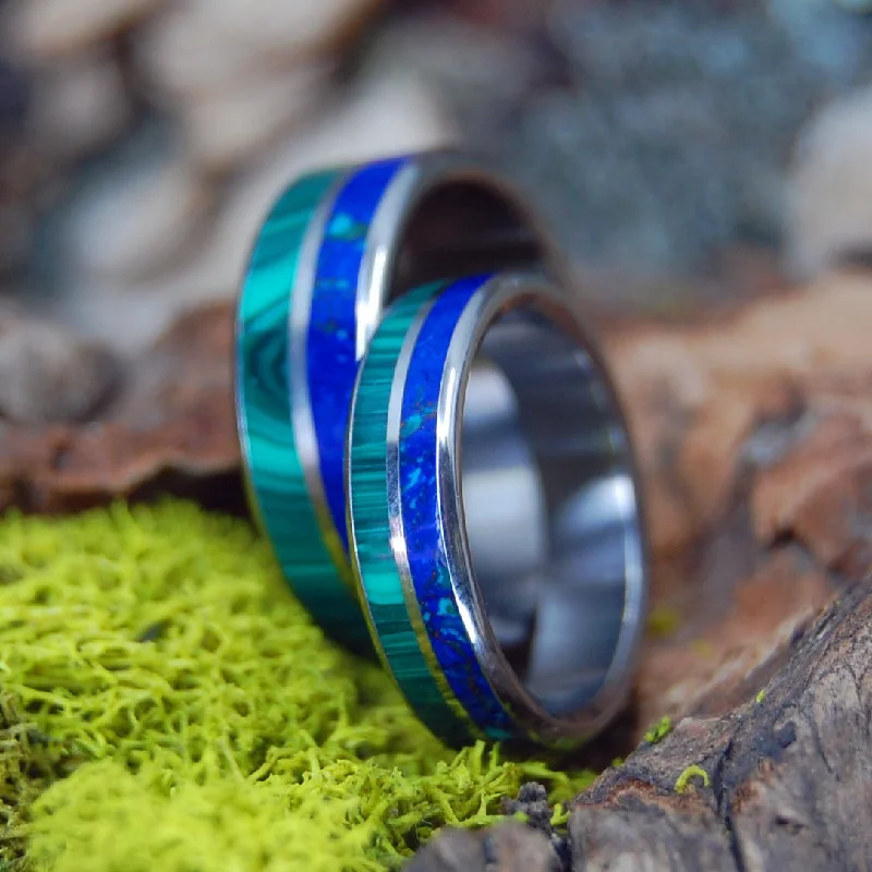 Rings featuring floral stones for delicate finger beauty -Can't Hold Us Back | Malachite Stone, Azurite Stone & Titanium - Unique Wedding Ring - Wedding Ring Set