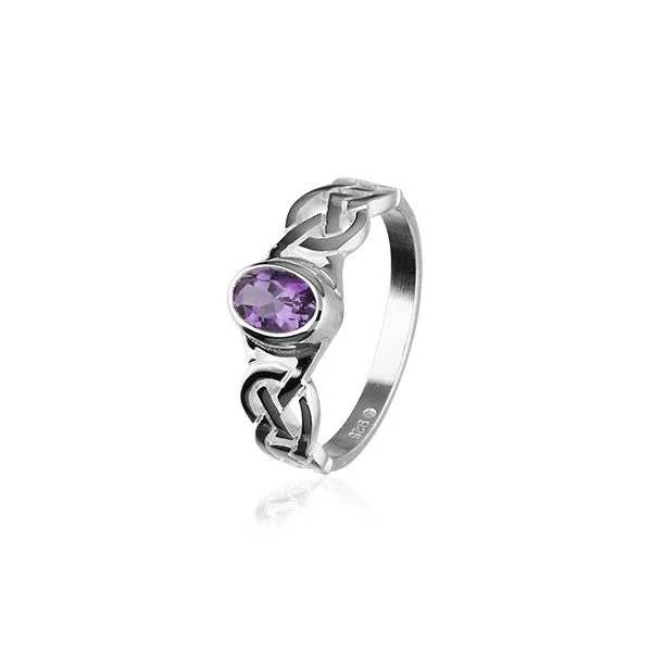 Rings featuring tourmaline for warm autumnal shine -Celtic Knotwork Silver & Amethyst Ring - CR53