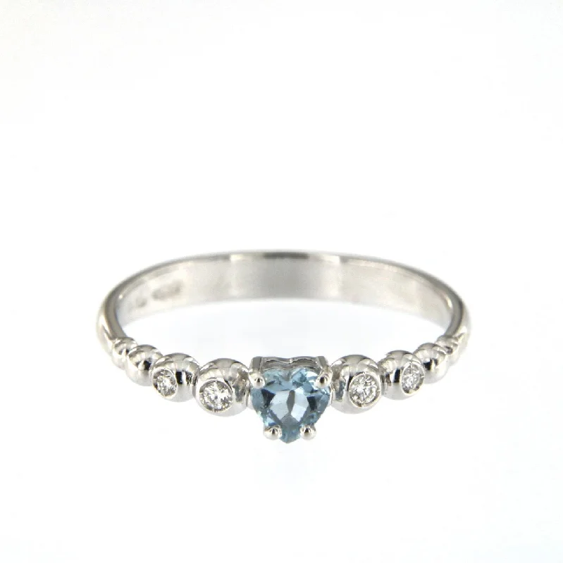 Rustic rings with hammered bands for textured flair -Bubble Heart 18K White Gold Ring w. Diamonds & Aquamarine