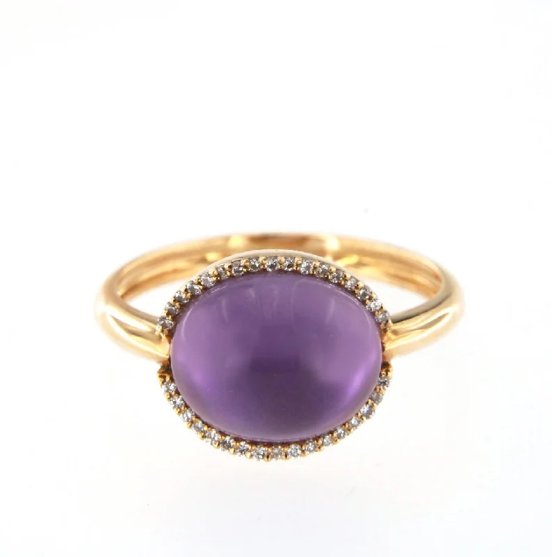 Brushed rings with textured finishes for finger grit -Cabouchon 18K Rose Gold w. Diamonds & Amethyst