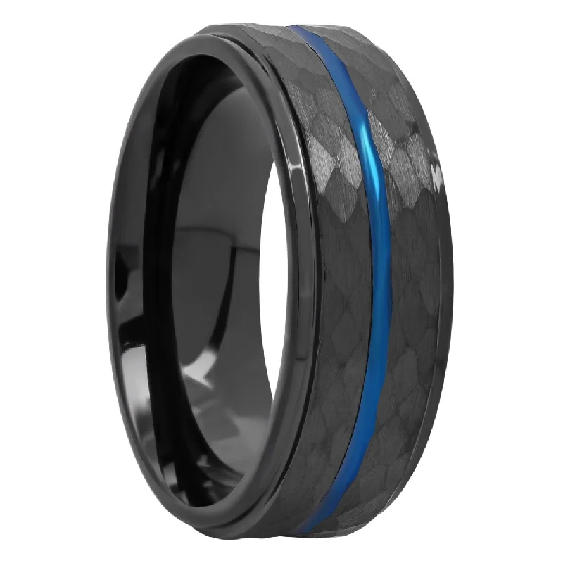 Rings perfect for kids with colorful stone accents -Cobalt Black And Blue Hammered Band, 8mm