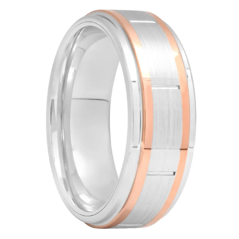 Crisp rings with modern shapes for finger chic -Cobalt Two-Tone Rose Gold Tone And White Band, 8mm