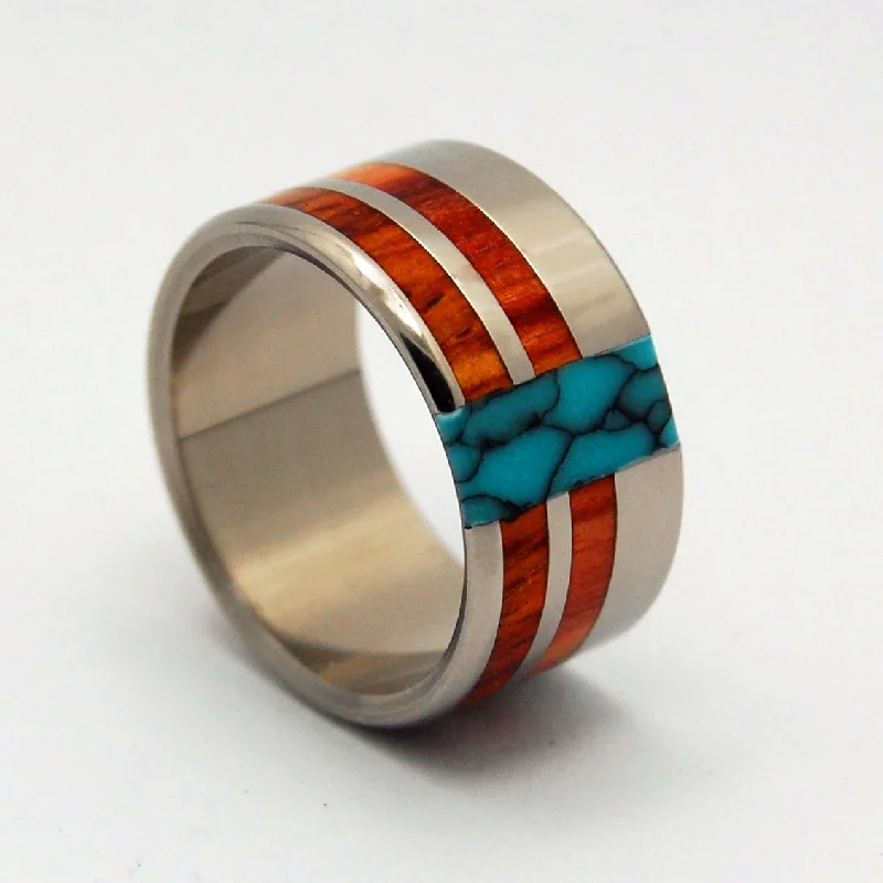 Sleek rings ideal for subtle daily finger elegance -Comet & Constellation | Men's Tulip Wood, Cocobolo Wood, Turquoise & Titanium Wedding Ring