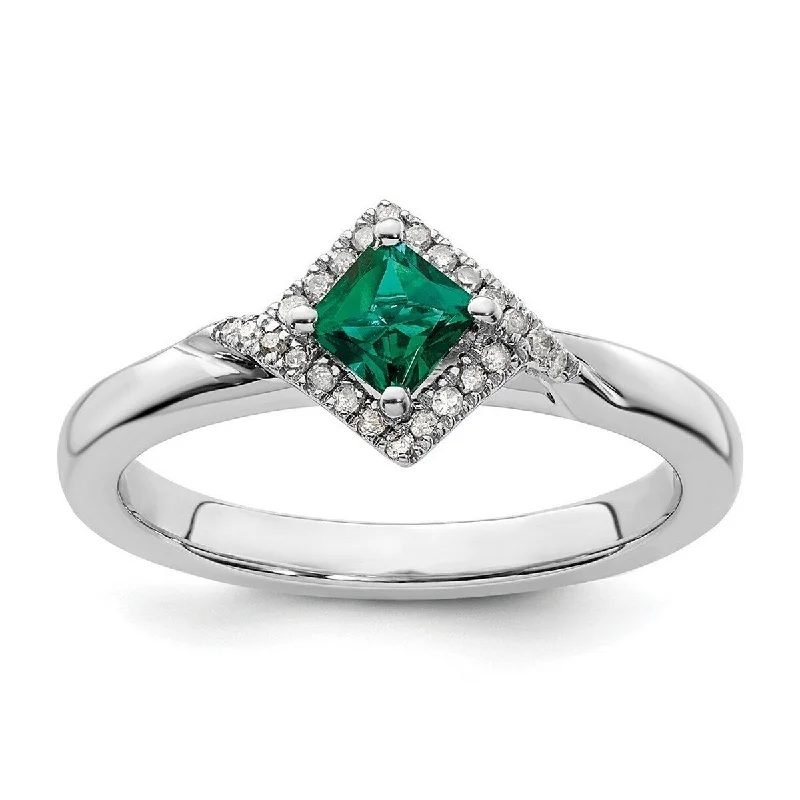 Rings made with lab-grown stones for ethical charm -Curata 2.25mm 925 Sterling Silver Prong set Stackable Expressions Polished Created Emerald and Diamond Ring