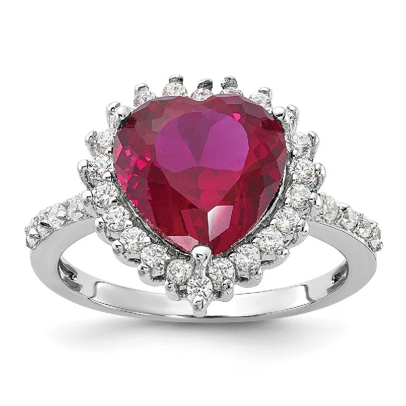 Rings featuring black diamonds for edgy finger shine -Curata 925 Sterling Silver Faceted 100 facet Simulated Ruby and Cubic Zirconia Love Heart Ring