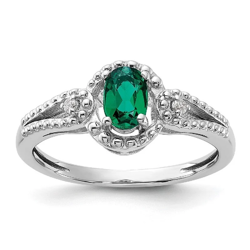 Rings with pave gemstones for extra finger sparkle -Curata 925 Sterling Silver Polished Open back Created Emerald and Diamond Ring