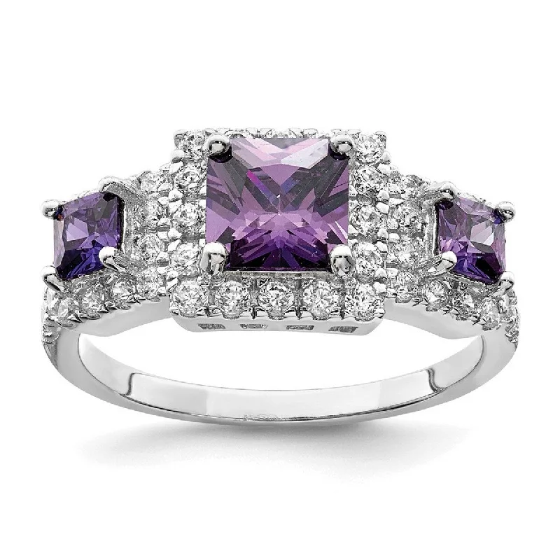 Curved rings perfect for matching with other bands -Curata 925 Sterling Silver Polished Open back Purple Square CZ Cubic Zirconia Simulated Diamond Ring