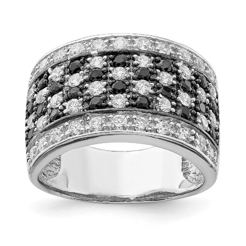 Rings inspired by waves with flowing stone designs -Curata 925 Sterling Silver Polished Open back Rhodium Black and White CZ Cubic Zirconia Simulated Diamond Checkerboard Ring