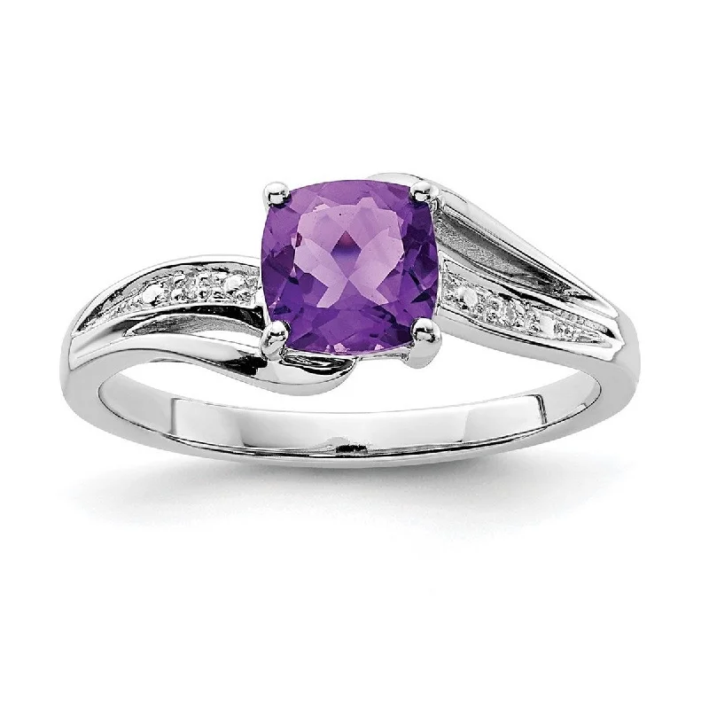 Secure rings with set stones for lasting wear -Curata 925 Sterling Silver Polished Prong set Open back Rhodium Plated Diamond and Amethyst Square Ring