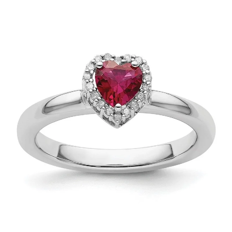 Rings perfect for romance with sweet stone details -Curata 925 Sterling Silver Polished Prong set Stackable Expressions Cr. Ruby Love Heart Diamond Ring