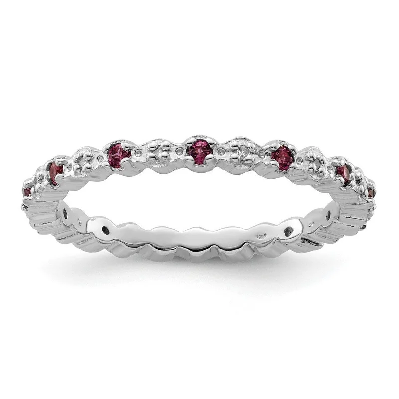 Matte rings with smooth finishes for subtle elegance -Curata 925 Sterling Silver Polished Prong set Stackable Expressions Rhod. Garnet and Diamond Ring