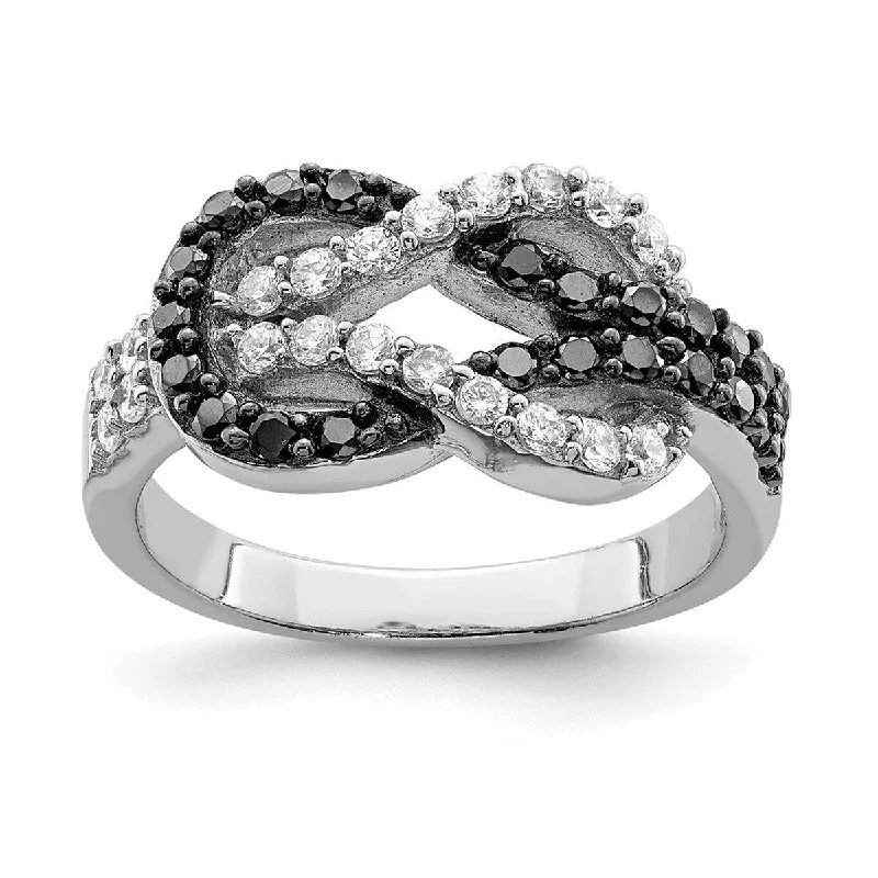 Tribal rings with ethnic stone finger patterns -Curata 925 Sterling Silver Polished Rhodium Black and Clear CZ Cubic Zirconia Simulated Diamond Love Knot Ring