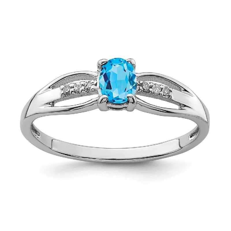 Tribal rings with ethnic stone finger patterns -Curata 925 Sterling Silver Rhod Plated Diamond Light Swiss Blue Topaz Ring