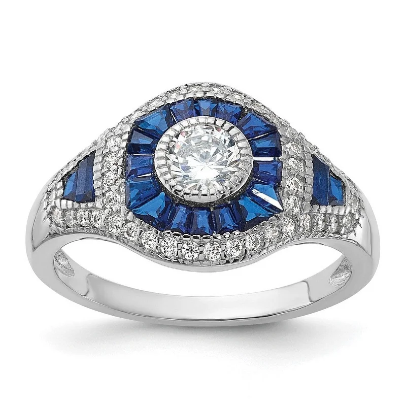 Light rings ideal for everyday finger comfort wear -Curata 925 Sterling Silver Rhodium Plated Created Blue Spinel and CZ Cubic Zirconia Vintage Ring