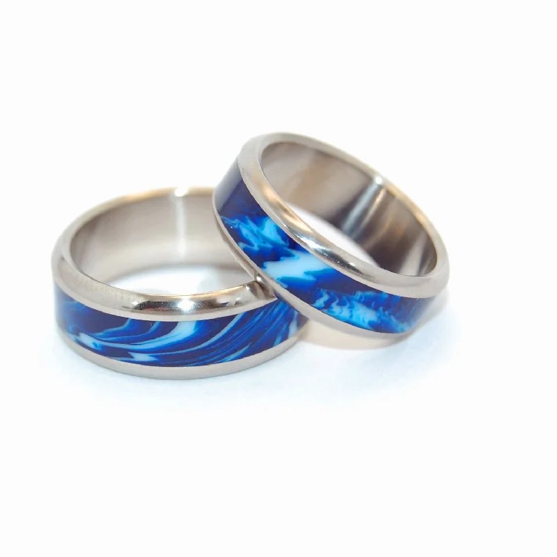 Quartz rings with clear stones for finger elegance -Earth | Blue Vintage Resin - Titanium Wedding Ring Set