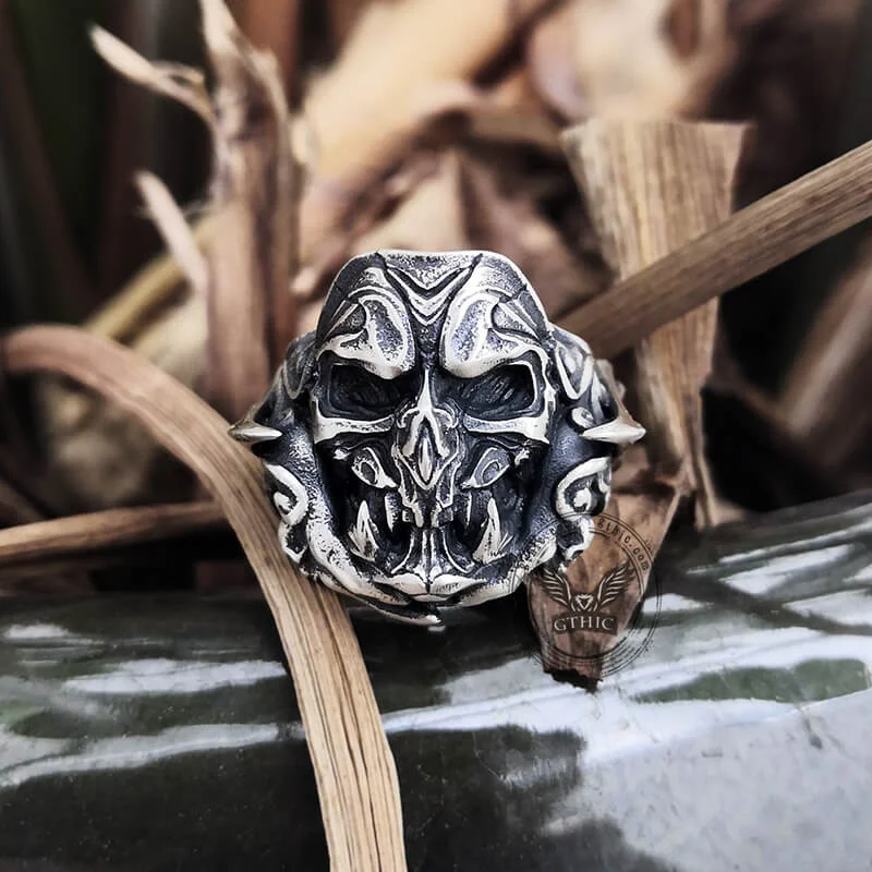 Rings perfect for holidays with festive stone charm -Evil Fangs Mask Sterling Silver Skull Ring