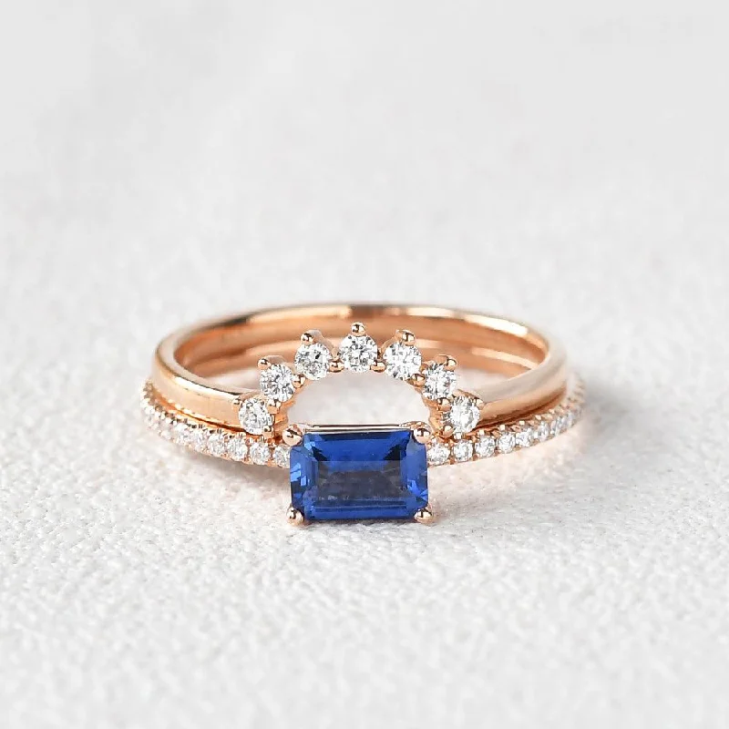 Rings made with eco-conscious stones for sustainability -Felicegals Baguette Cut Sapphire Gold Ring Set 2pcs