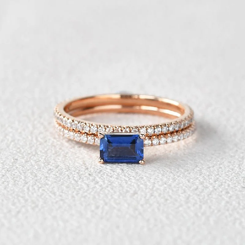 Elegant rings perfect for adding sparkle to outfits -Felicegals Baguette Cut Sapphire Gold Ring Set 2pcs