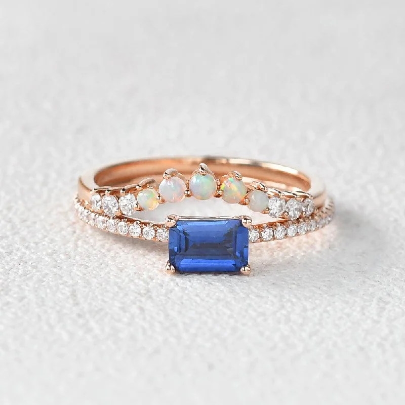 Stackable rings designed for fun finger layering style -Felicegals Baguette Cut Sapphire & Opal Rinig Set 2pcs