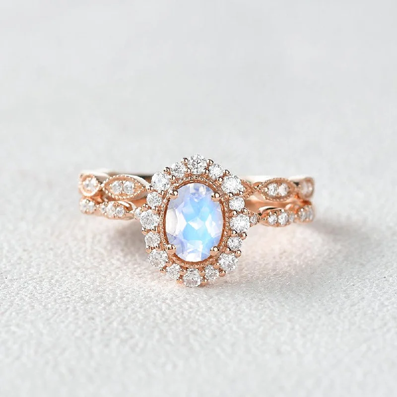 Rings great for events with special stone accents -Oval Cut Moonstone Art Deco Wedding Ring Set 2pcs