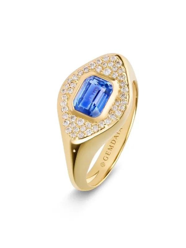 Rings inspired by flora with gemstone flower details -Blue Sapphire & Diamond 14K Gold Signet Ring