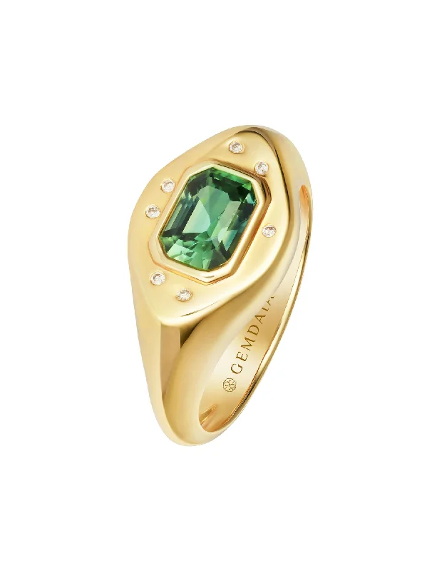 Rings inspired by waves with flowing stone designs -Green Sapphire 14K Gold Signet Ring