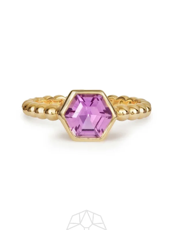 Rings with pave gemstones for extra finger sparkle -Pink Sapphire Hex 14K Gold Ring