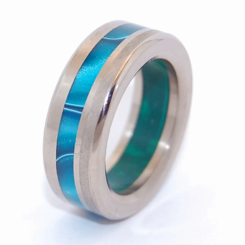 Vibrant rings with mixed gemstones for finger fun -Go Bold Or Go Home | Men's Meteorite, Jade Stone, Aquatic Blue Resin & Titanium Wedding Ring