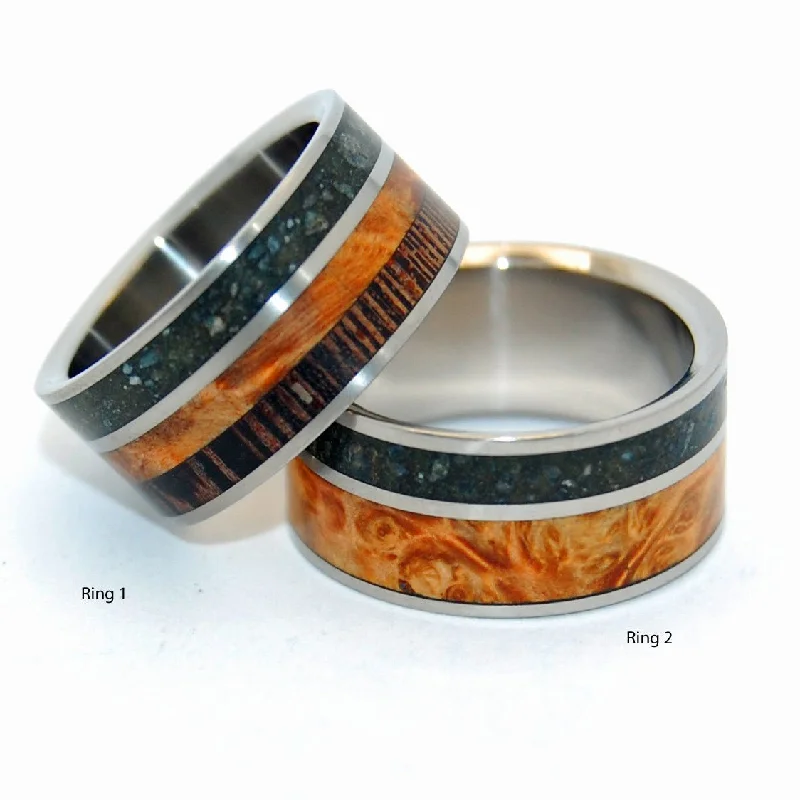 Rings made with lab-grown stones for ethical charm -Go Forth | Beach Sand & Golden Box Elder Wood Wedding Ring