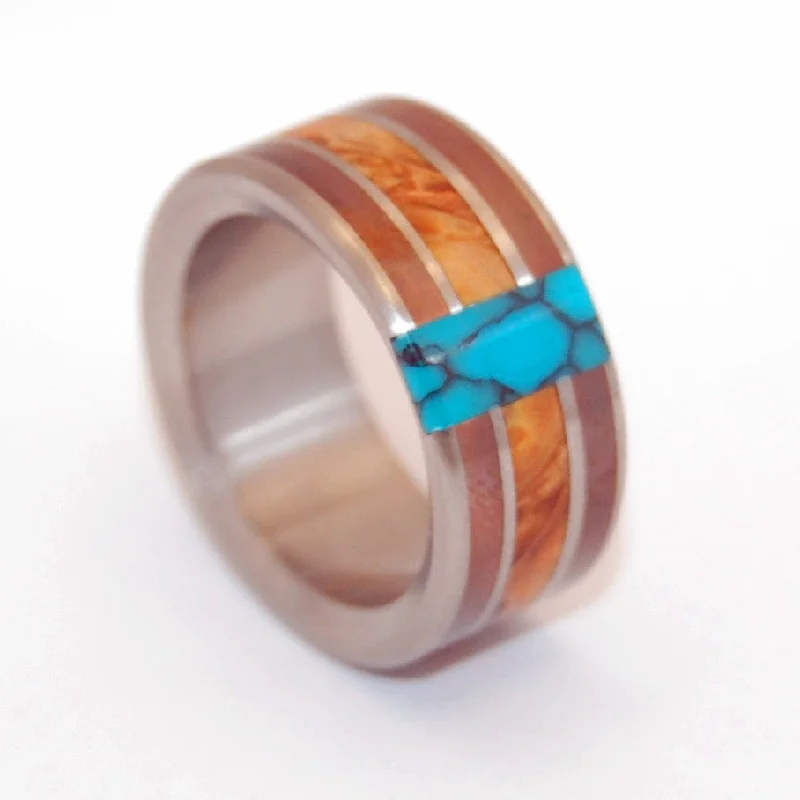 Wild rings with raw gemstones for finger beauty -Good Man | Men's Golden Box Elder Wood, Copper & Turquoise Titanium Wedding Ring