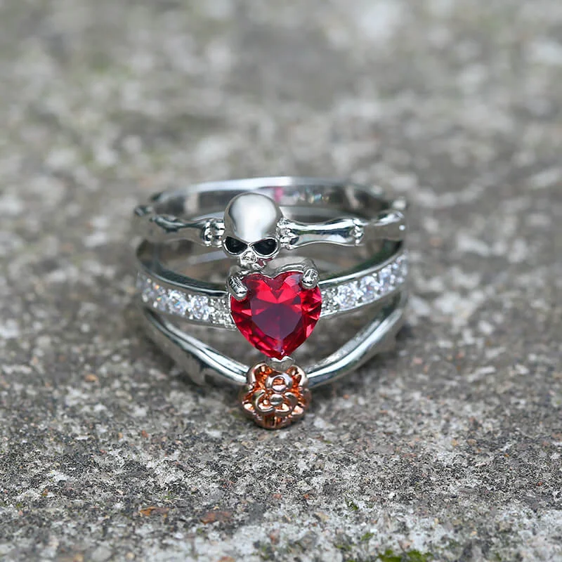 Vintage rings featuring timeless gemstone band designs -Gothic Heart Zircon Skull Brass Ring