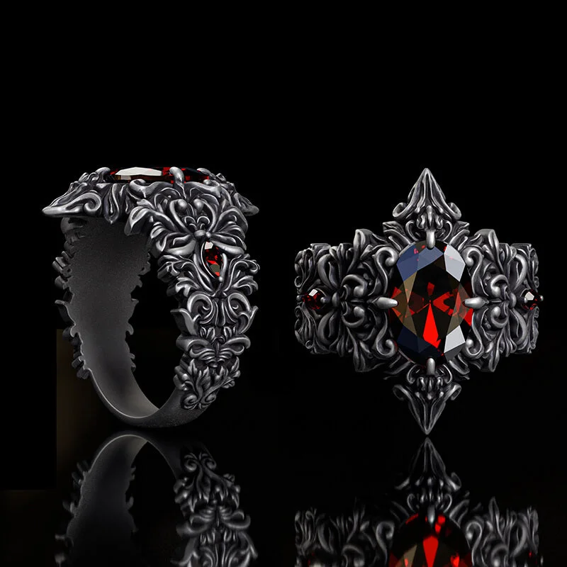 Sharp rings with sleek cuts for contemporary style -Gothic Pattern Inlaid Red Zircon Sterling Silver Ring