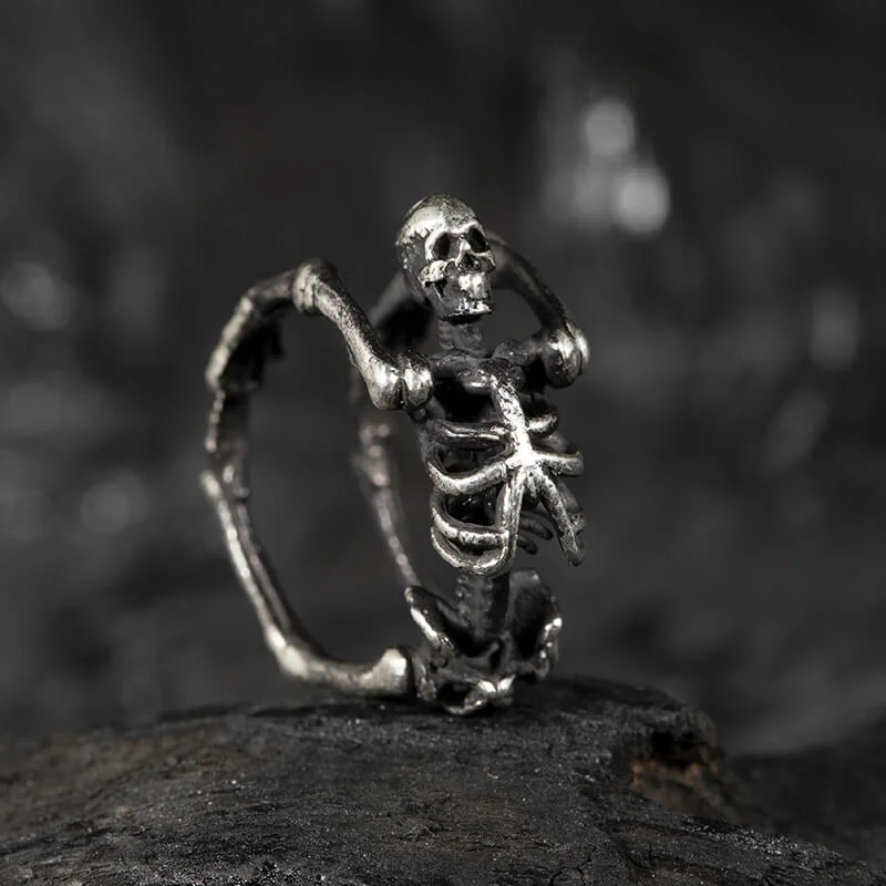 Rings crafted with recycled gems for green vibes -Gothic Yoga Skull Sterling Silver Adjustable Ring