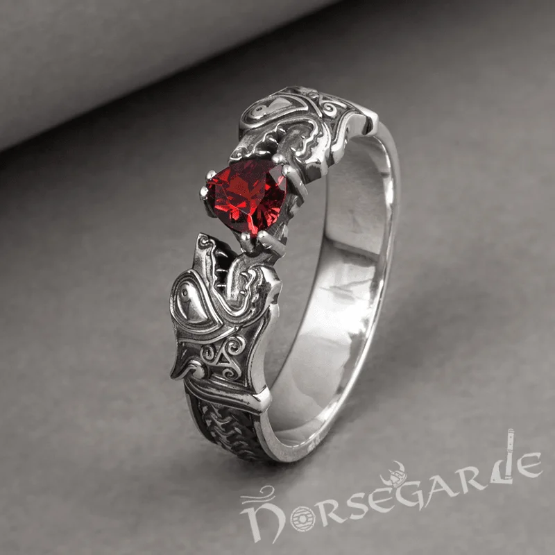 Rings perfect for holidays with festive stone charm -Handcrafted Odin's Wolves Gemmed Band - Sterling Silver