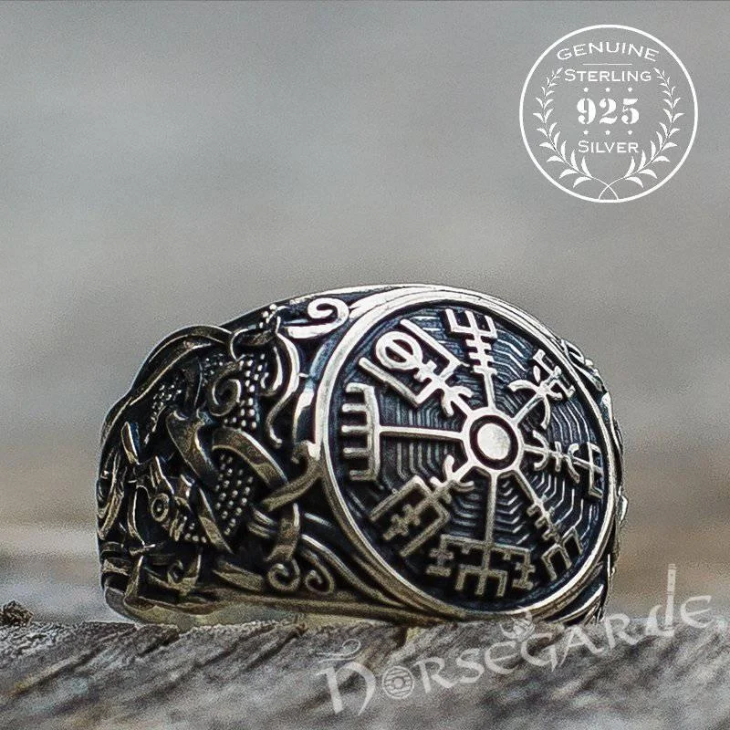 Brushed rings with textured finishes for finger grit -Handcrafted Vegvisir Rune Mammen Style Ring - Sterling Silver